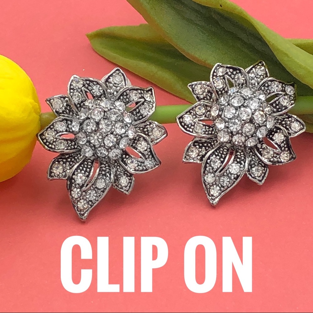 Clip On Rhinestone Flower Silver Earrings